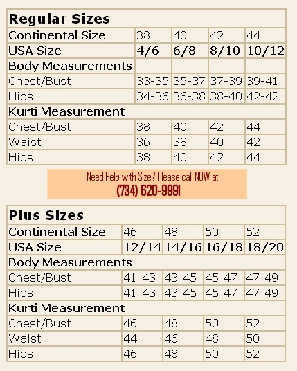 Indian Kurti Size Chart, Women Sizing USA, Women Top Sizes